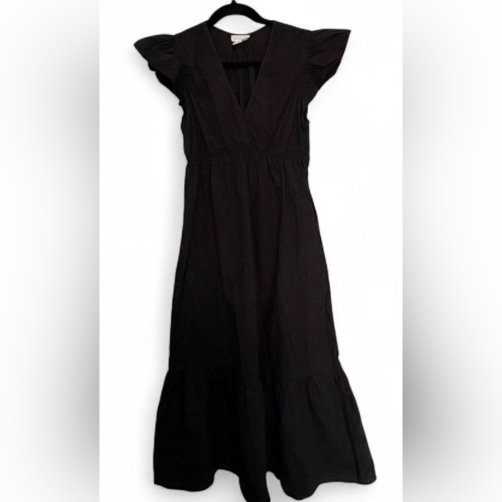 Cynthia Rowley Flutter-Sleeve V-Neck Maxi Dress Size Small Spring Black Cotton